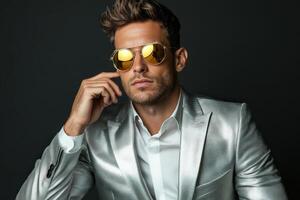 Stylish man in silver suit and sunglasses poses confidently in studio photo