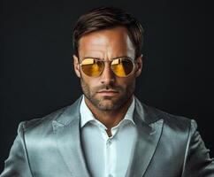Confident man in stylish sunglasses poses elegantly against dark background photo