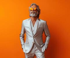 Stylish man in a silver suit poses confidently against an orange background photo
