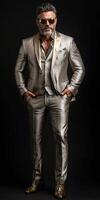 Elegant man in a shiny suit with sunglasses posing confidently indoors photo
