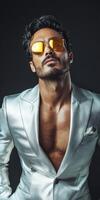 Stylish man in silver suit poses confidently with sunglasses on photo