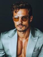 Stylish man in sunglasses poses confidently in a tailored suit photo