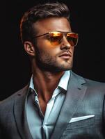 Stylish man in sunglasses poses confidently in a tailored suit photo