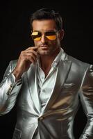 A man exudes confidence while wearing a shiny silver suit and yellow sunglasses photo