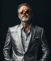 Man in silver suit and sunglasses poses confidently against dark background photo