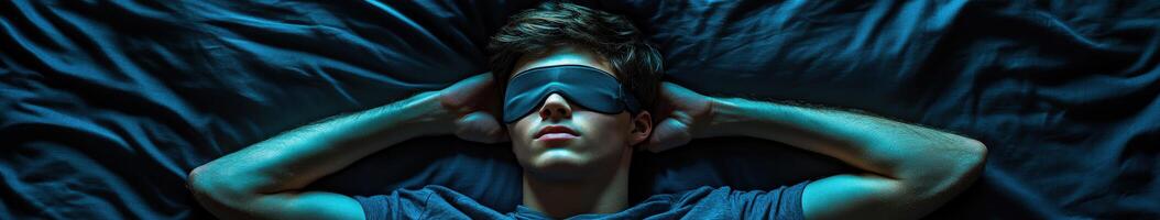 Young man relaxing in bed with sleep mask at night in dark environment photo