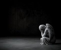 Stone angel in sorrowful pose illuminated by soft light in dark space photo