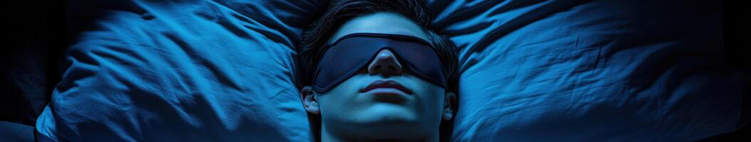 Young person resting peacefully in a darkened room with sleep mask photo