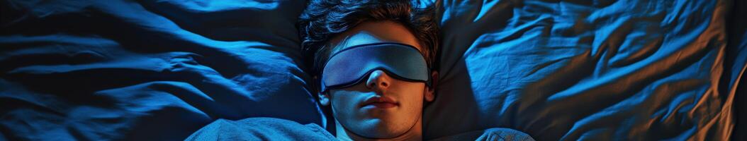 Young man relaxing with sleep mask in dimly lit bedroom at night photo