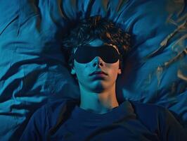 Young person resting in bed while wearing sleep mask in dimly lit room photo