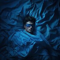 Young man resting peacefully in deep blue sheets and sleeping mask photo