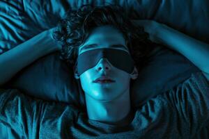 Young man resting in a blue-lit room wearing sleep mask during night photo