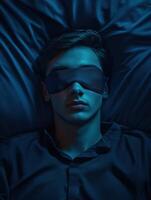 Sleep meditation in a tranquil blue atmosphere at night photo