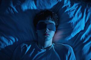 Young boy resting peacefully with sleep mask in dim light at night photo