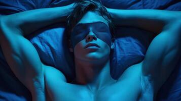 Young man relaxing in a serene environment with a sleep mask on photo