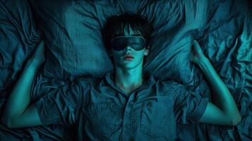 Teenager resting on bed in dimly lit room, wearing sleep mask photo