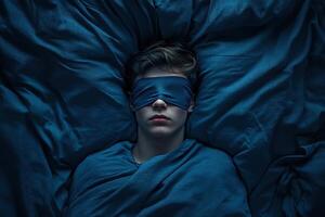 Young person resting under blue blankets with eyes covered for sleep photo