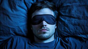 Man resting peacefully with sleep mask on blue bedding at night photo