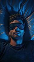 Man wearing sleep mask relaxing in a dark bedroom at night photo