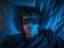 Boy wearing sleep mask lies in bed during the night with soft blue lighting photo