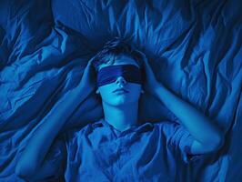 Young boy resting under blue light with a blindfold at home photo