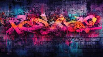 Colorful graffiti art on a brick wall in an urban environment at night photo