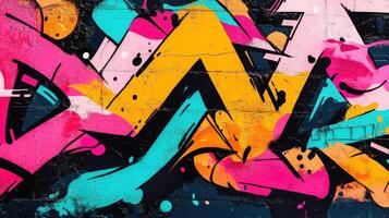 Colorful abstract graffiti on urban wall with vibrant shapes and patterns photo