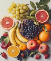Colorful fruit arrangement featuring various seasonal fruits in a bowl photo