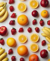 Colorful assortment of fresh fruits displayed on a light background photo