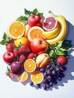 Vibrant assortment of fresh fruits arranged beautifully on a white background photo