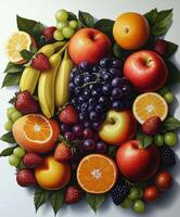 Colorful fruit arrangement featuring a variety of fresh produce on display photo