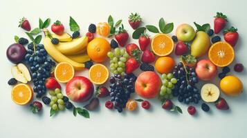 Colorful assortment of fresh fruits arranged artistically on a table photo