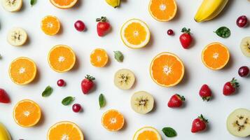 Fresh and colorful fruit assortment arranged on a white background photo
