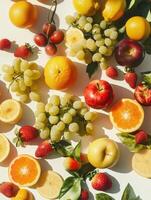 Colorful assortment of fresh fruits arranged on a light background photo