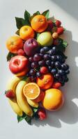 Fresh fruit assortment displayed on a white surface in natural light photo