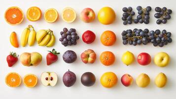 Colorful display of fresh fruits arranged on a white surface photo