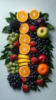 Colorful arrangement of fresh fruits on a light background photo