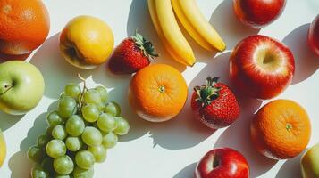 Fresh fruits arrangement on a bright surface for healthy eating concepts photo