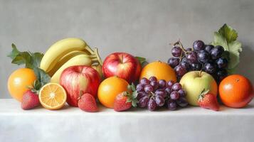 Fresh assortment of colorful fruits arranged on a table photo