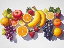 Fresh selection of colorful fruits arranged on a white surface for display photo