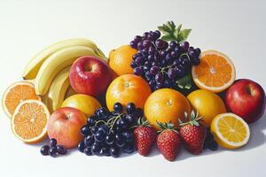 Vibrant assortment of fresh fruits arranged on a white surface photo