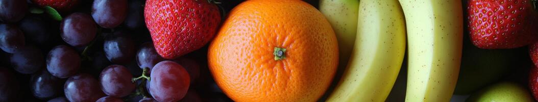 Fresh fruit assortment featuring orange, bananas, strawberries, and grapes photo