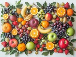 Colorful assortment of fresh fruits arranged artfully on a wooden table photo
