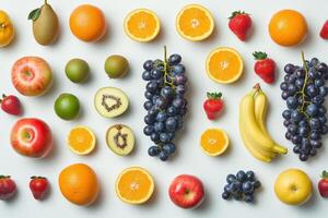 Colorful arrangement of fresh fruits displayed on a white background photo