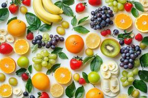 Colorful assortment of fresh fruits arranged artistically on a white surface photo