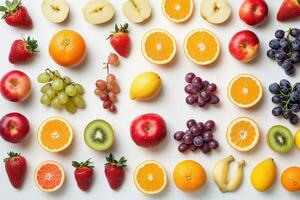 Fresh assortment of fruits arranged neatly on a white surface photo