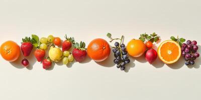 Colorful assortment of fresh fruits arranged on a light background photo