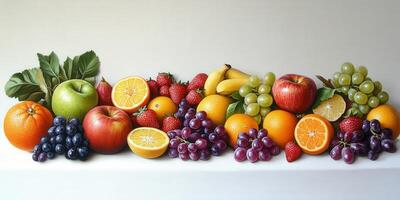 Colorful display of fresh fruits on a white surface in bright light photo