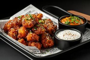 Savory fried snacks served with dipping sauces at a stylish restaurant photo