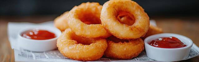 Crispy onion rings served with tangy ketchup on a wooden table photo